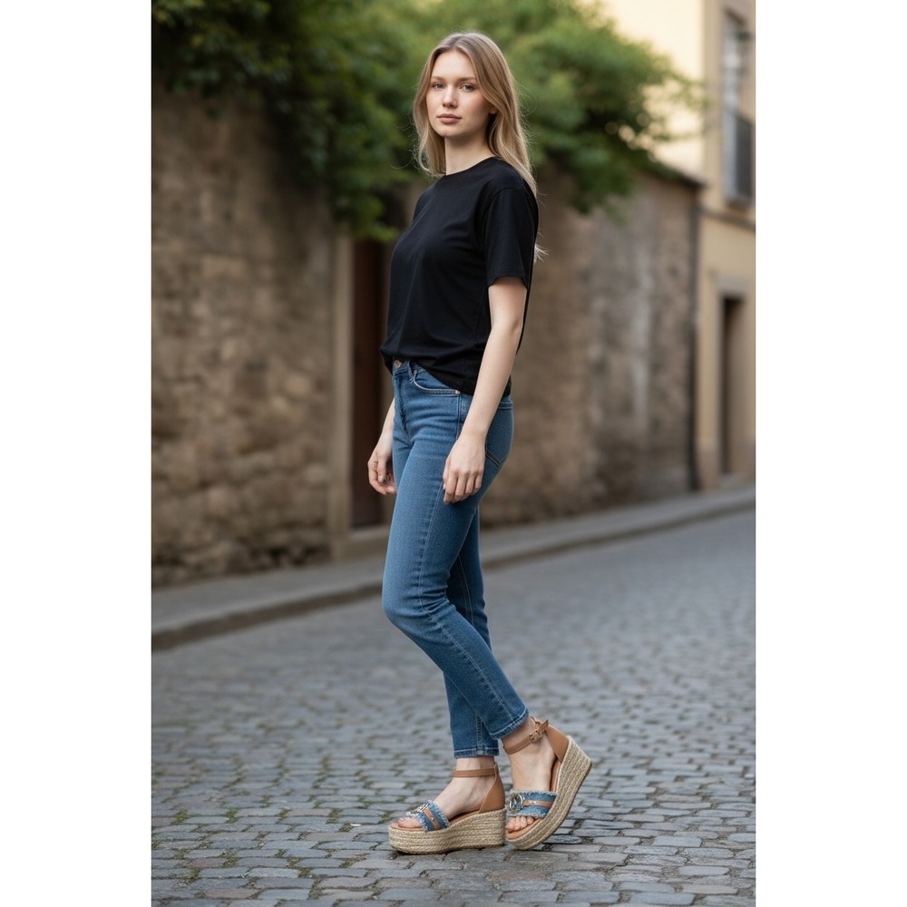 SAM and Libby Wedge Espadrille Sandals Denim‎ Logo Buckle Tan Straps Size 6